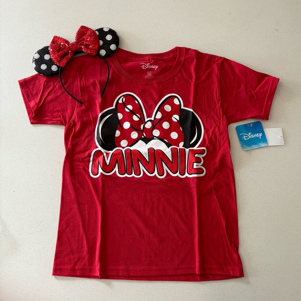 NEW Disney Minnie Mouse Short Sleeve Tee & Ears Size Small (6/6x)